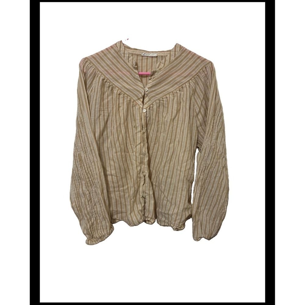 Primark Cares Womens Large Tan White Striped Button Down Long Sleeve Boho Blouse